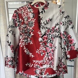 Red and White Asymmetrical Blouse with Mandarin Collar